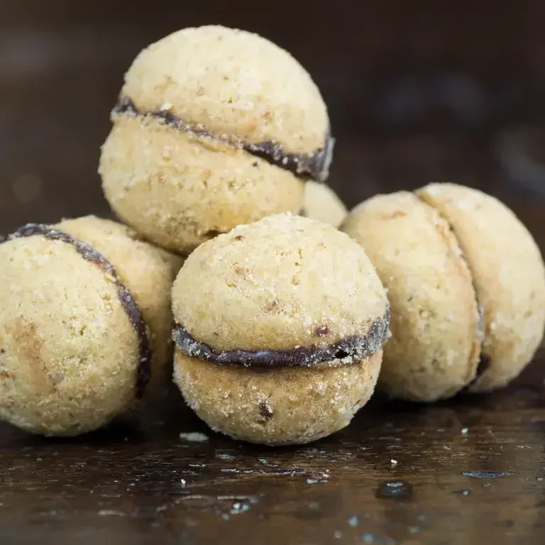 a few small biscuits sandwiched together with chocolate