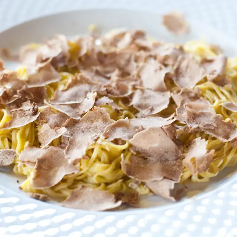 a bowl of pasta with shavings of white truffle