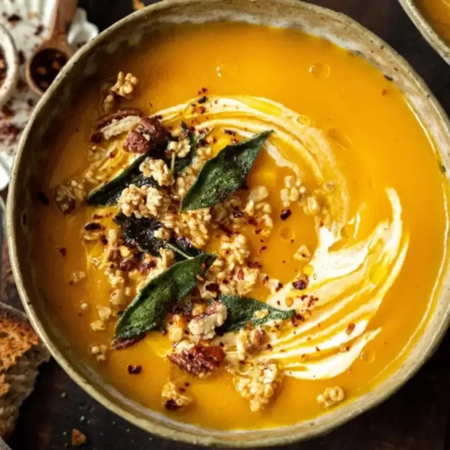 Pumpkin and carrot soup with sage chips.