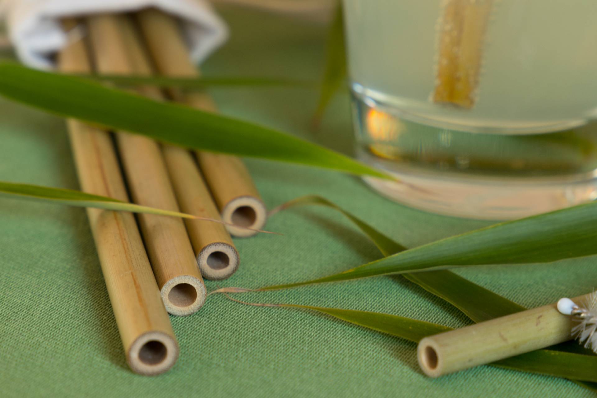 bamboo straws on green table with bamboo leaves ©iStock