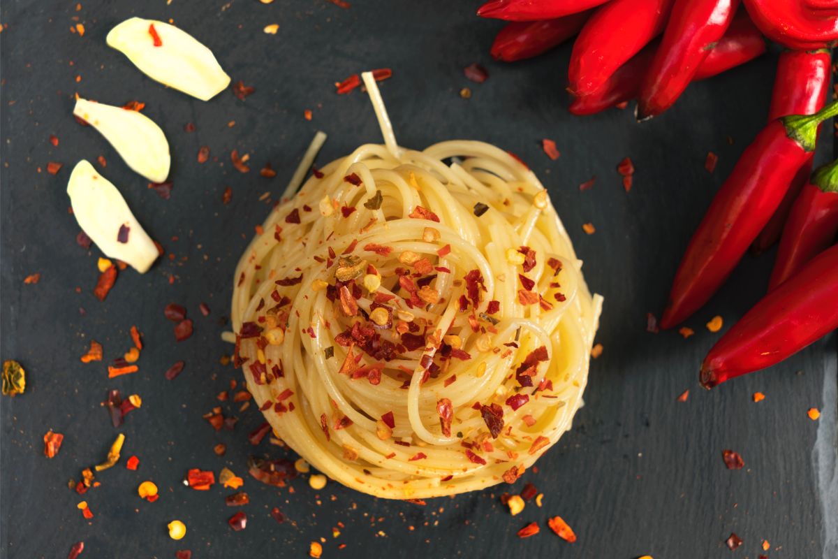 Spaghetti aglio olio peperoncino, a three-ingredient pasta recipe.