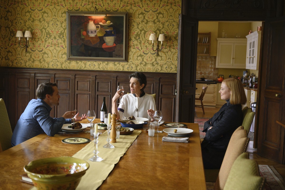 Kieran Culkin, Harriet Walter and Sarah Snook in a scene from Succession.